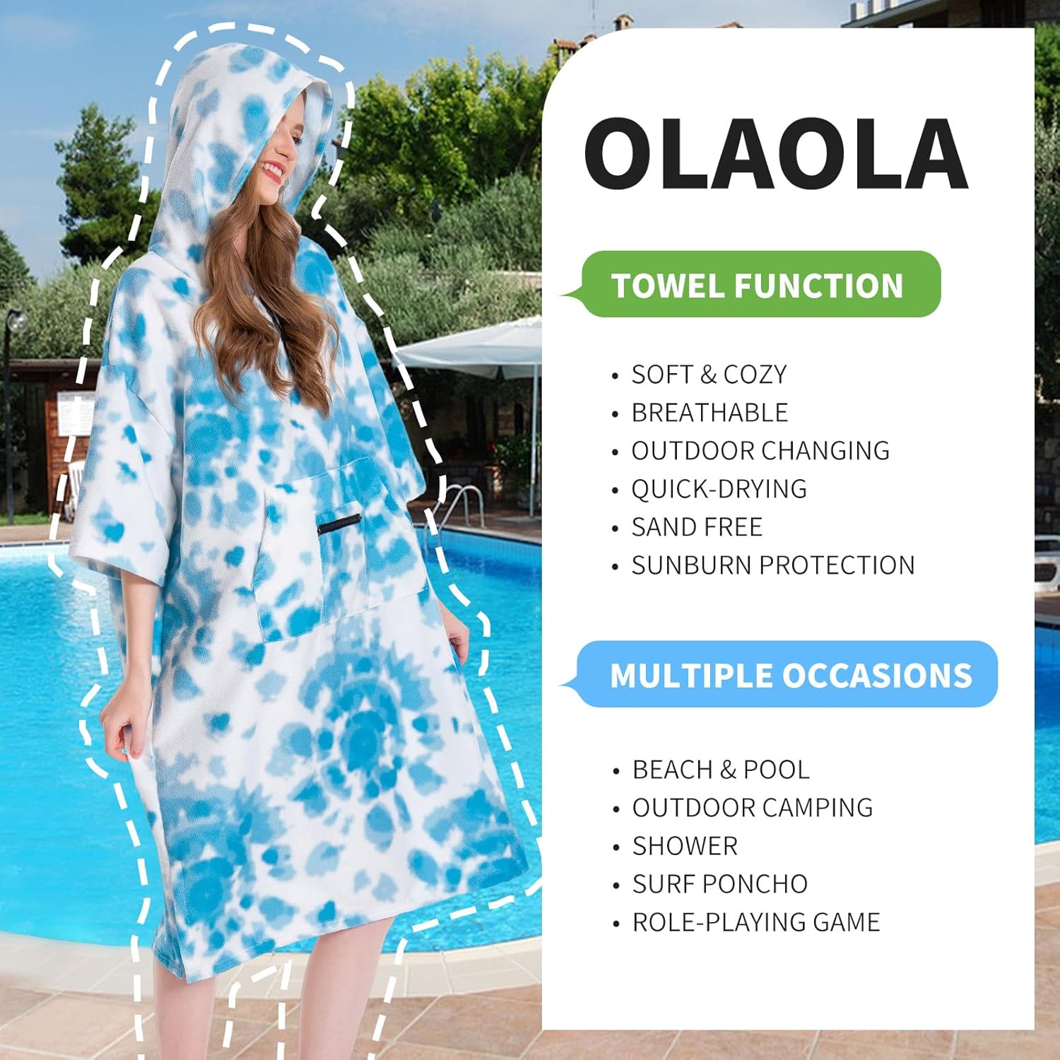 OLAOLA Surf Poncho Changing Towel, Swim Robe Poncho with Pocket Plus Size Quick Dry Terry Cloth Cover-Up Hood for Women Men - Image 6