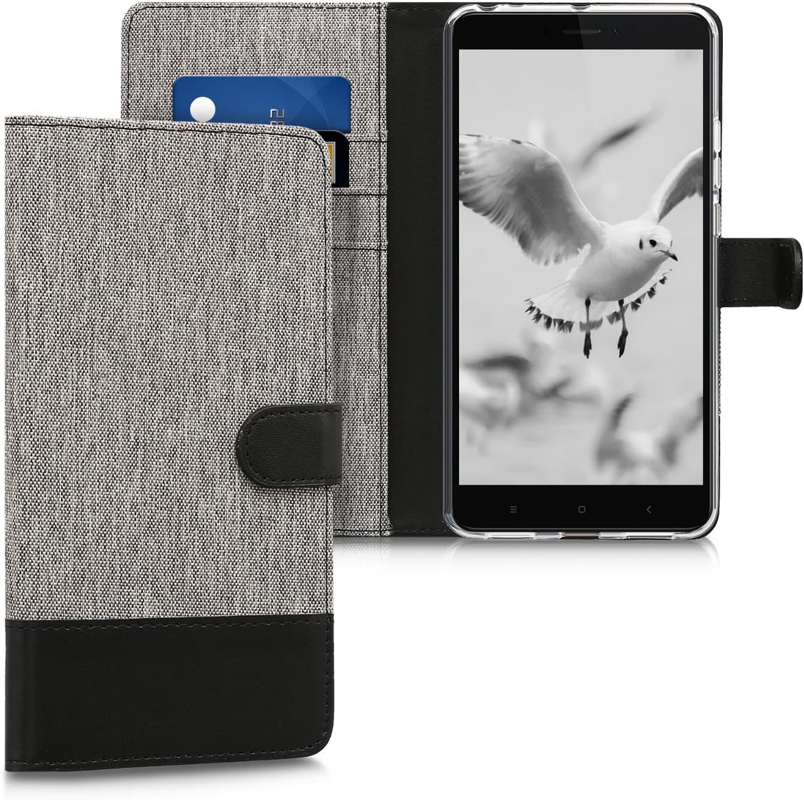 kwmobile Wallet Case Compatible with Xiaomi Mi Max 2 - Case Fabric and Faux Leather Phone Flip Cover - Grey/Black