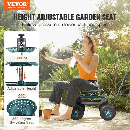 Miniatura 2 de VEVOR - Carro de jardín con asiento de trabajo rodante con ruedas, taburete de jardinería para plantación, asiento giratorio de 360 grados, vagón