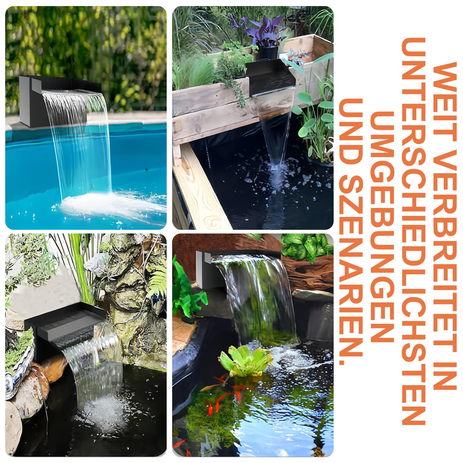Cascata per laghetto, 20 cm, 2000 l/h, in acciaio inox 304 | Con tubo ondulato 3M e spugna filtrante, cascata per laghetto da giardino, set completo