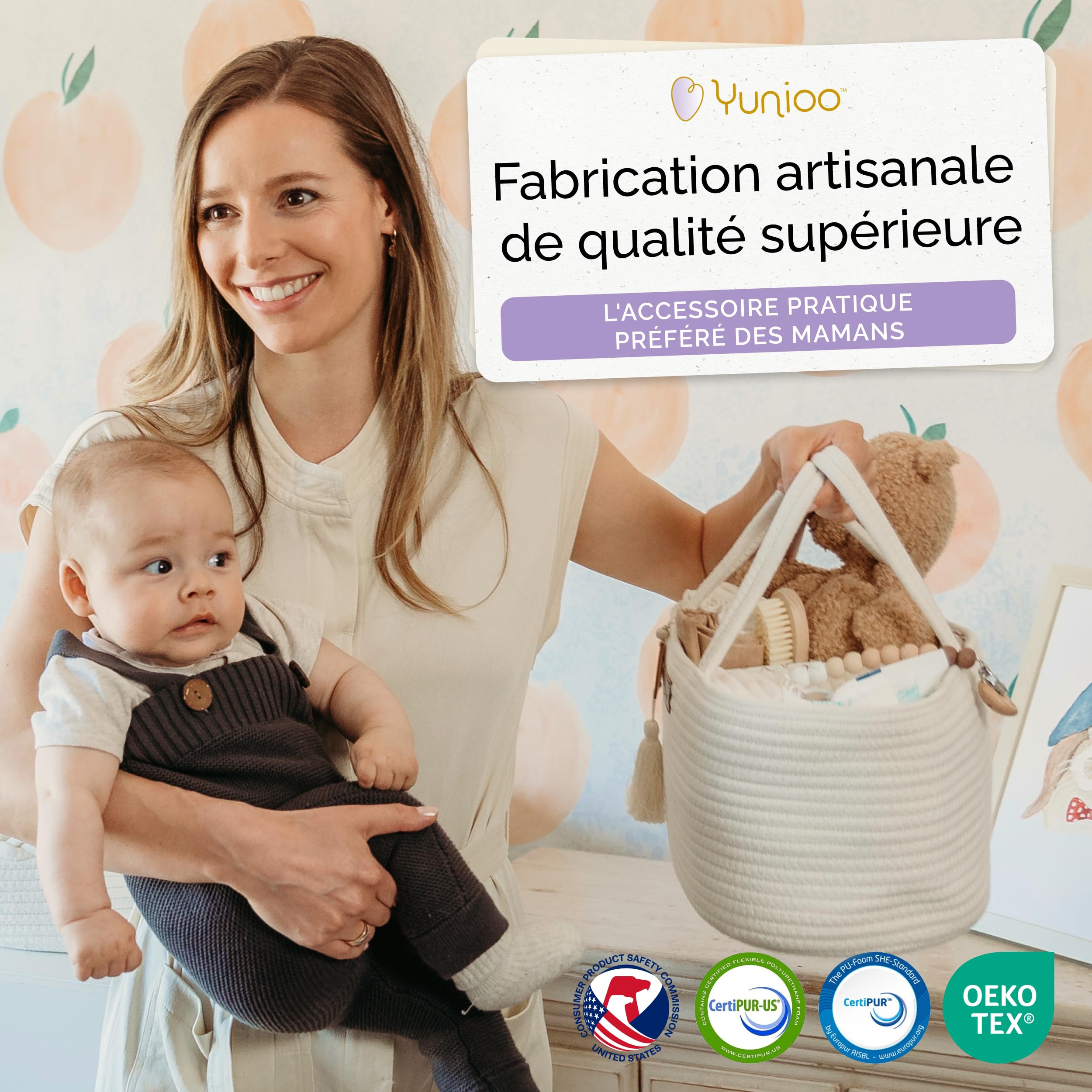 Yunioo Organisateur de panier à couches pour Bébé│Organisateur de table à langer pour chambre d'enfant│Sac à langer│Panier de rangement pour couches│Organisateur de jouets│Panier à langer