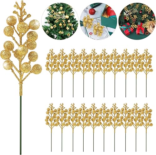 Paquete de 20 tallos de bayas navideñas con purpurina de 7.8 pulgadas para decoración de árbol de Navidad, púas artificiales para adornos de árbol
