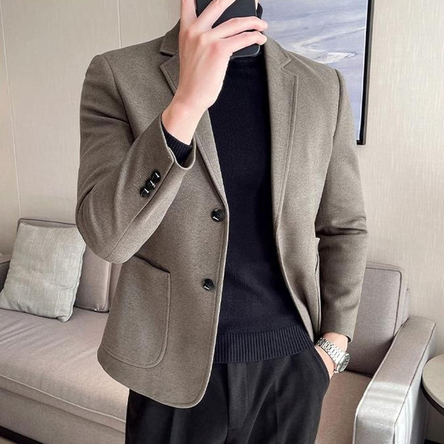 Men Lightweight Thicken Woolen Blend Coat Slim Fit Comfortable Business Casual Blazer Spring Notched Lapel Suit Jacket