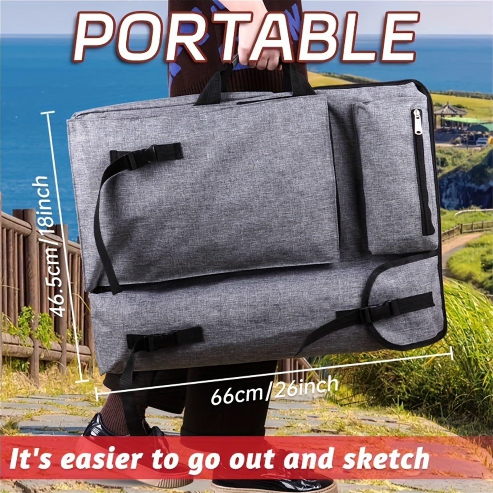 Portafolio de artista, Estuche de portafolio arte, mochila for pintura bocetos, tablero dibujo, caballete for artistas al aire libre, negro y gris(Grey)