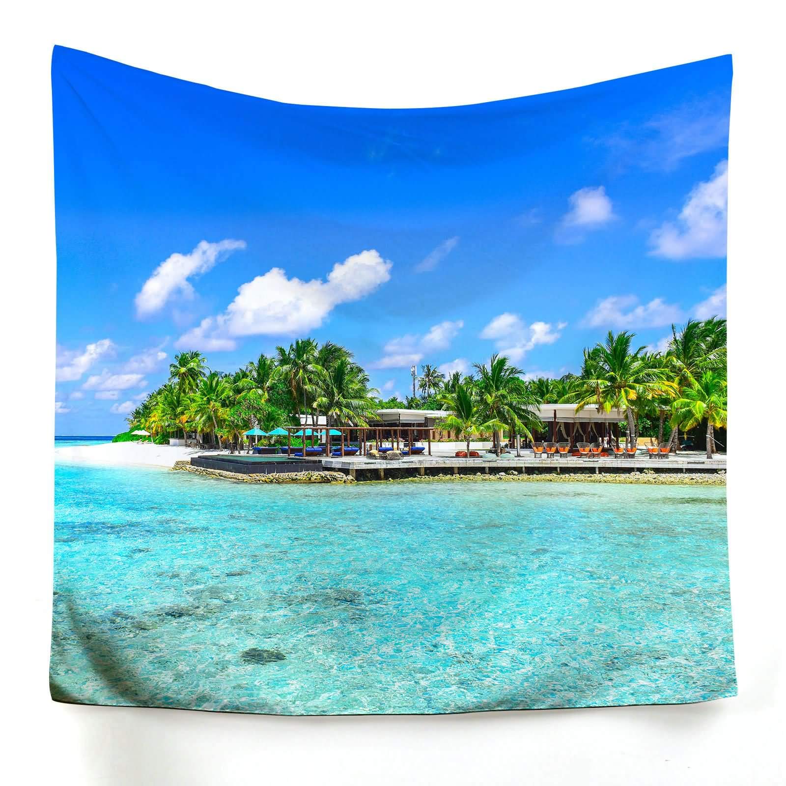 Tenture murale île bleue en grand format textile 150x150 pour décoration murale chambre