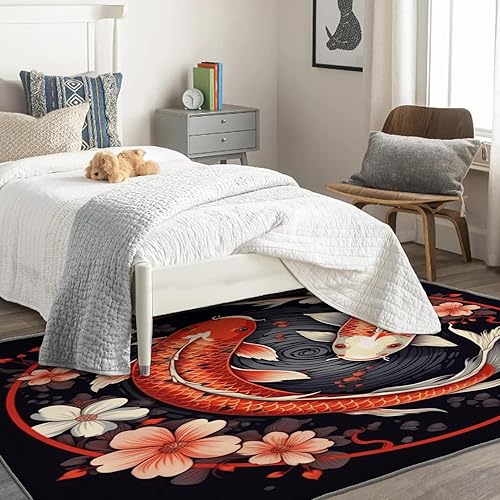 Miniatura 3 de Koi - Alfombra de área de 4 x 5 pies, alfombras japonesas en flor de cerezo para dormitorio, sala de estar, lavable, antideslizante, suave, alfombra