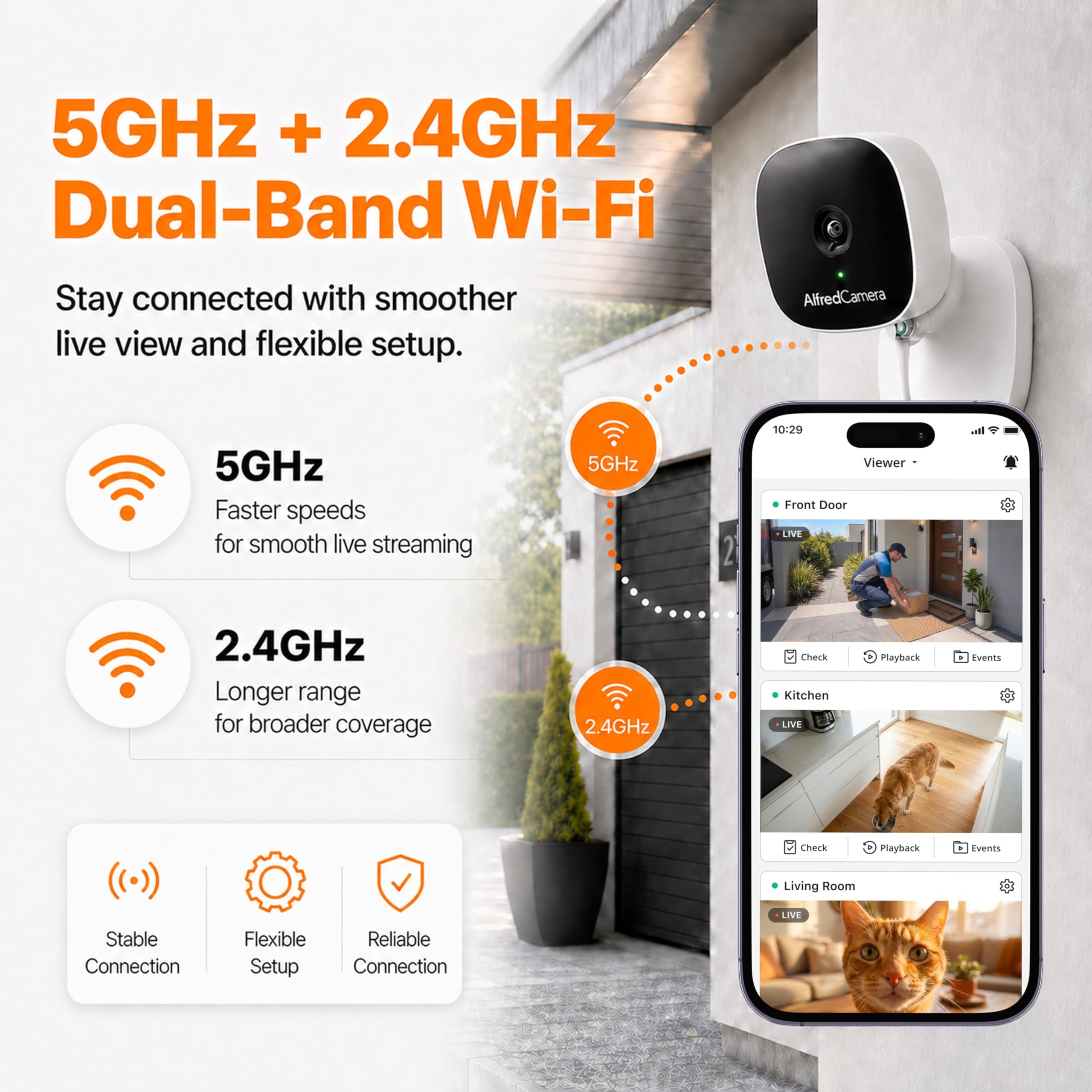 AlfredCam Plus 2 Cámara de Seguridad Exterior WiFi 2.5K con Foco LED, Visión Nocturna a Color, Audio Bidireccional, IP65 Impermeable, Grabación 24/7 con Tarjeta 64GB