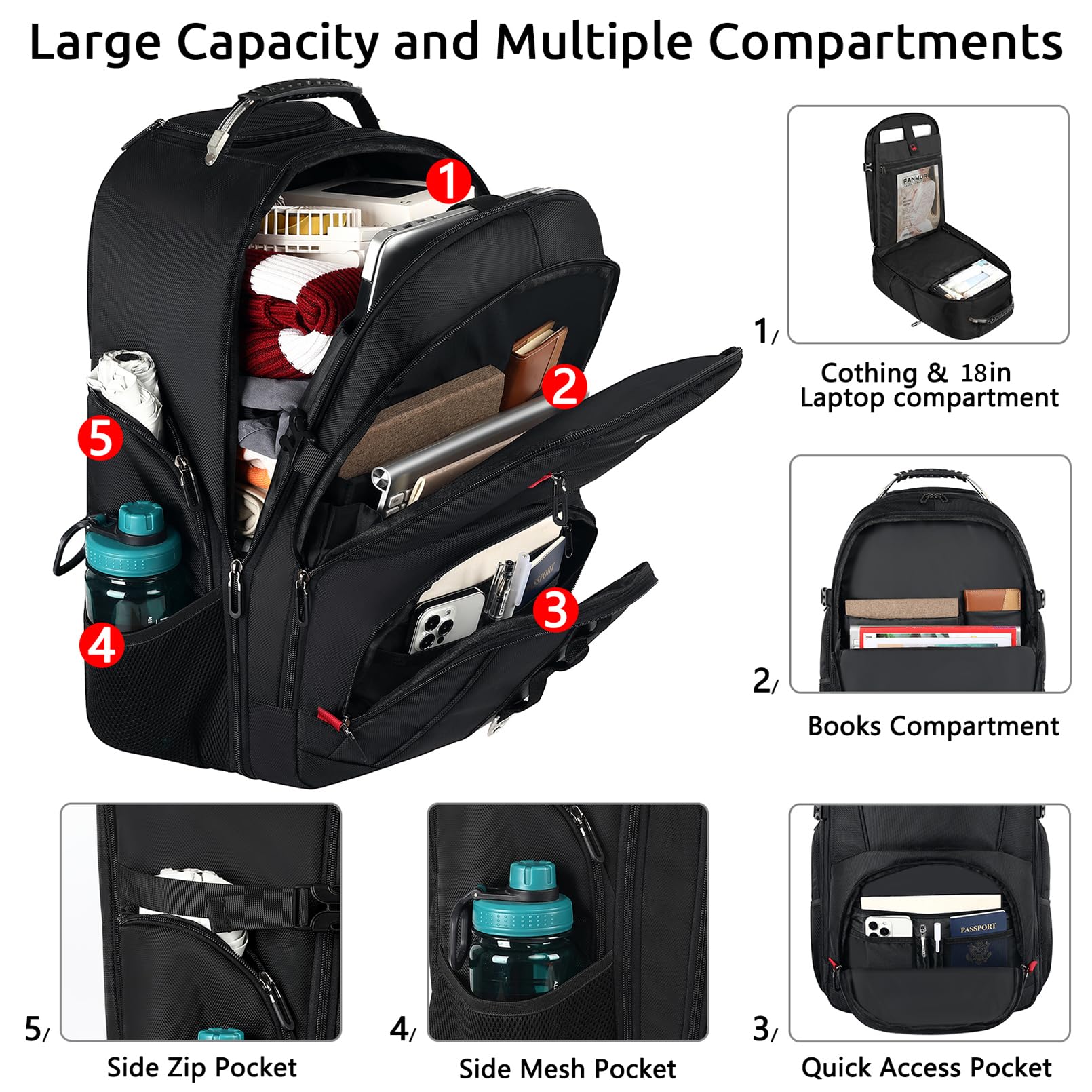 ZOMFELT Rolling Backpack, X-Lare Travel Backpack with Wheels, Carry on Backpack with 3 Packing Cubes, 18 Inch Wheeled Laptop Backpack for Men Women Adults to Travel Work Business Black