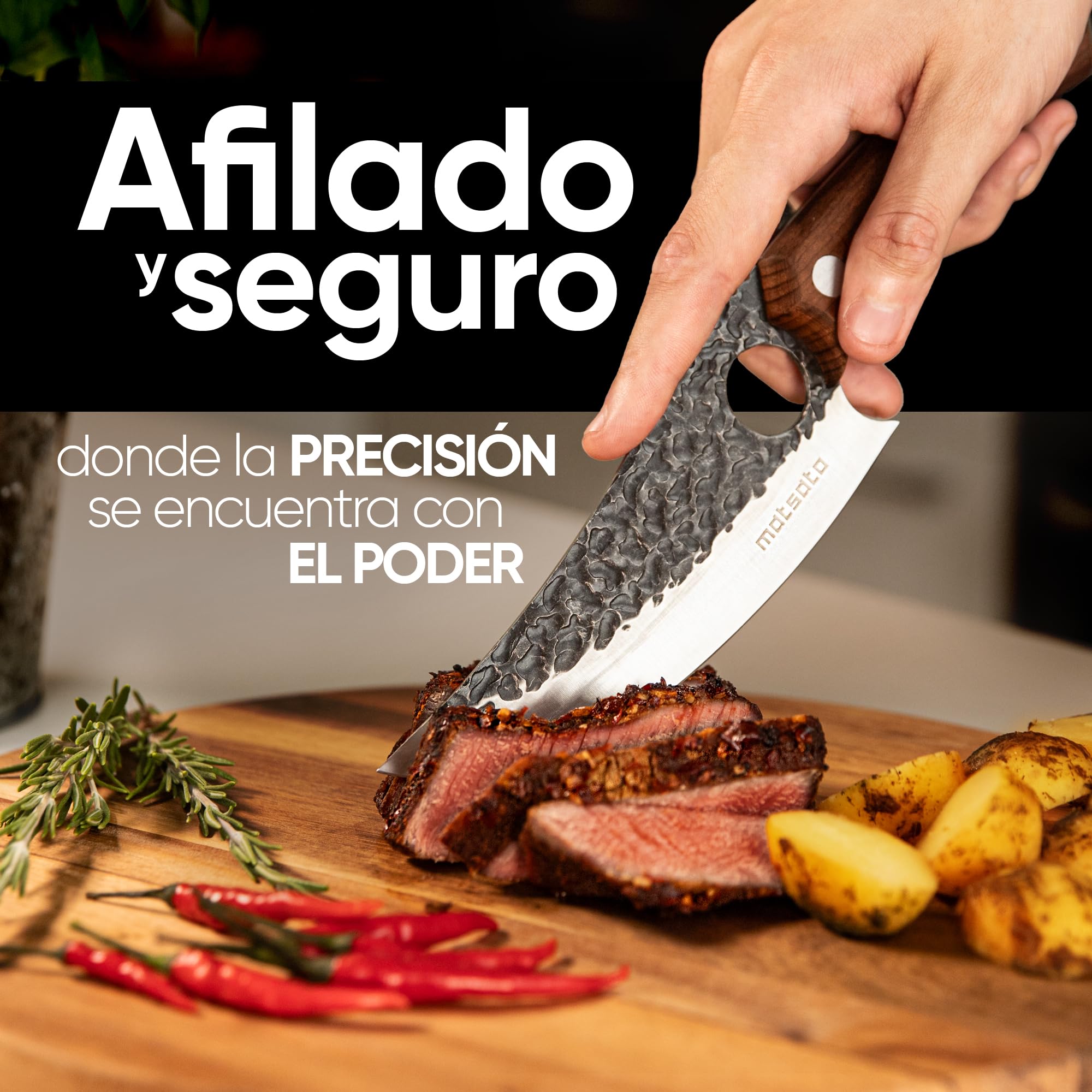 Matsato Cuchillo de Cocinero con Funda de Cuero, Acero Japonés | Mango de Madera de Roble, incl. Funda de Cuero Acolchada con Botón de Presión, Limpiar a Mano.