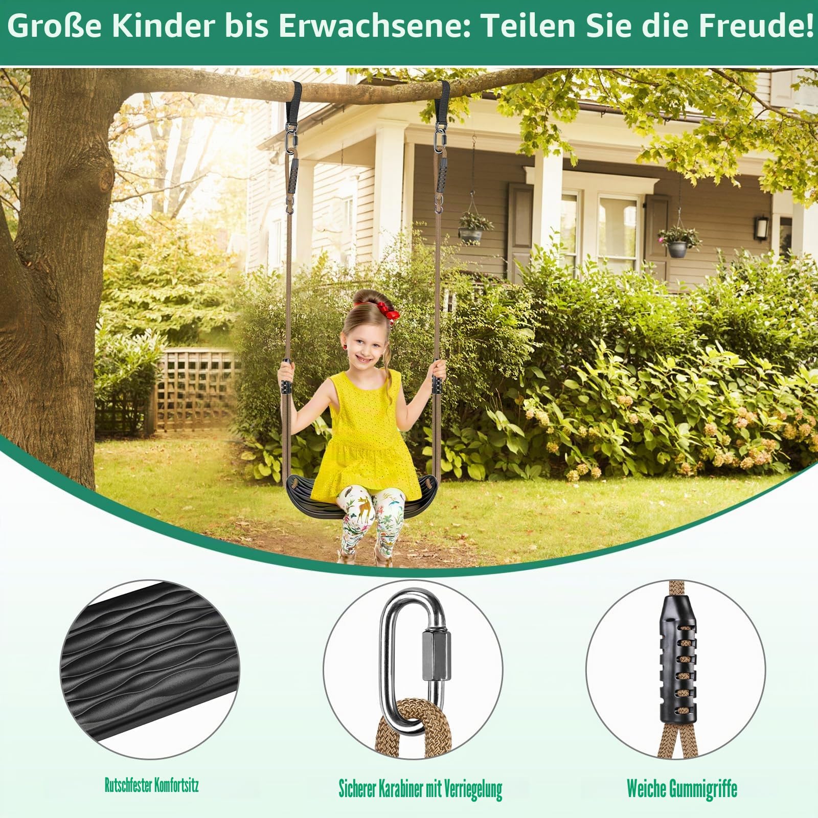 SELEWARE Schaukel Outdoor Kinder Schaukelsitz Set - Indoor Erwachsene Swing Babyschaukel Schwarz Garten Kinderschaukel Höhenverstellbar Schaukeln mit rutschfest Verstellbare Seil Schaukelbrett