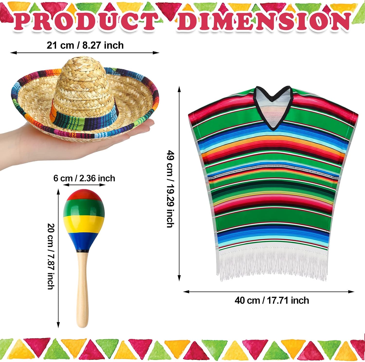 Pasimy 4 Pcs Fiesta Poncho and Sombrero Set Mexican Outfit for Toddler Boy and Girl Cinco De Mayo Costume Wooden Maracas Mini Sombrero Top Hat for Mexican Theme Costume Accessories