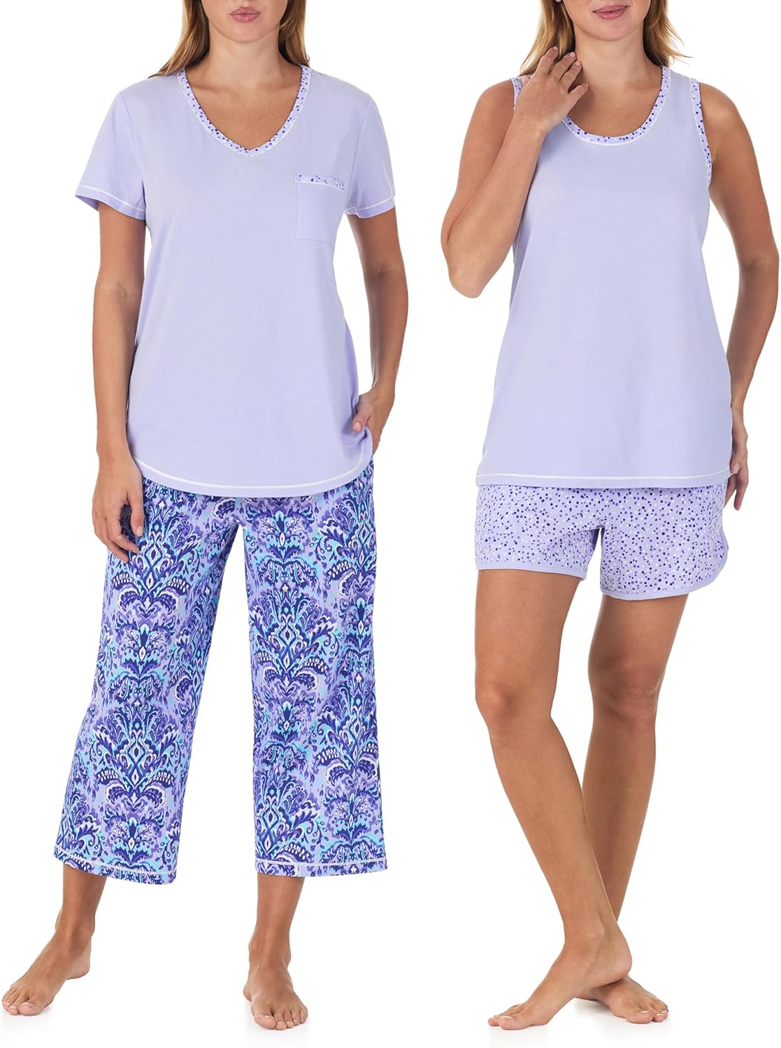 Carole Hochman Women's 4-Piece 100% Cotton Pajama Set – V-Neck T-Shirt, Tank, Capri Pants & Shorts with Drawstring & Pockets