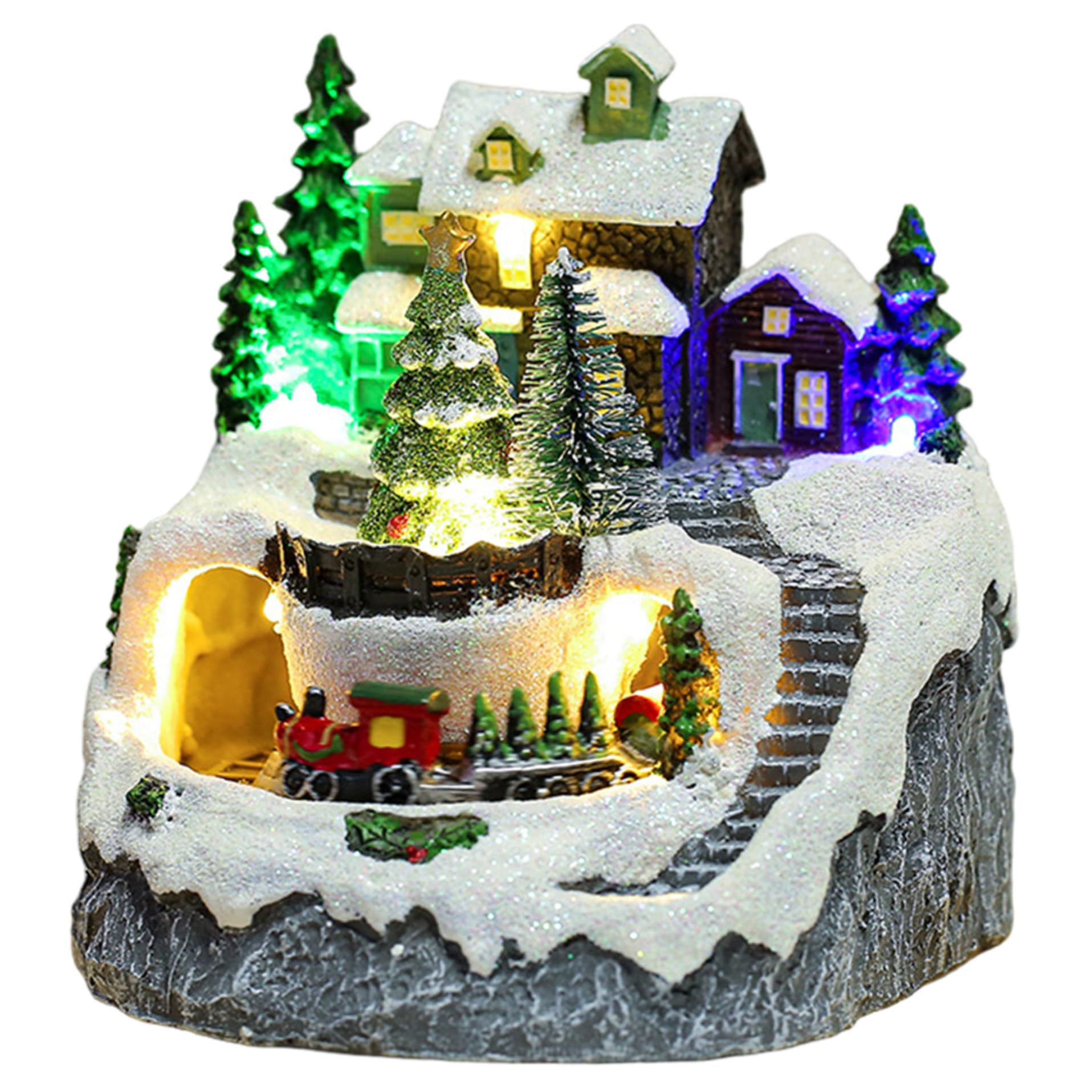 Hperu 1Pc Christmas Village Houses Led Lighted Musical With Train And Trees For Winter Xmas Holiday Tabletop Mantel Decorations- Christmas Decorations