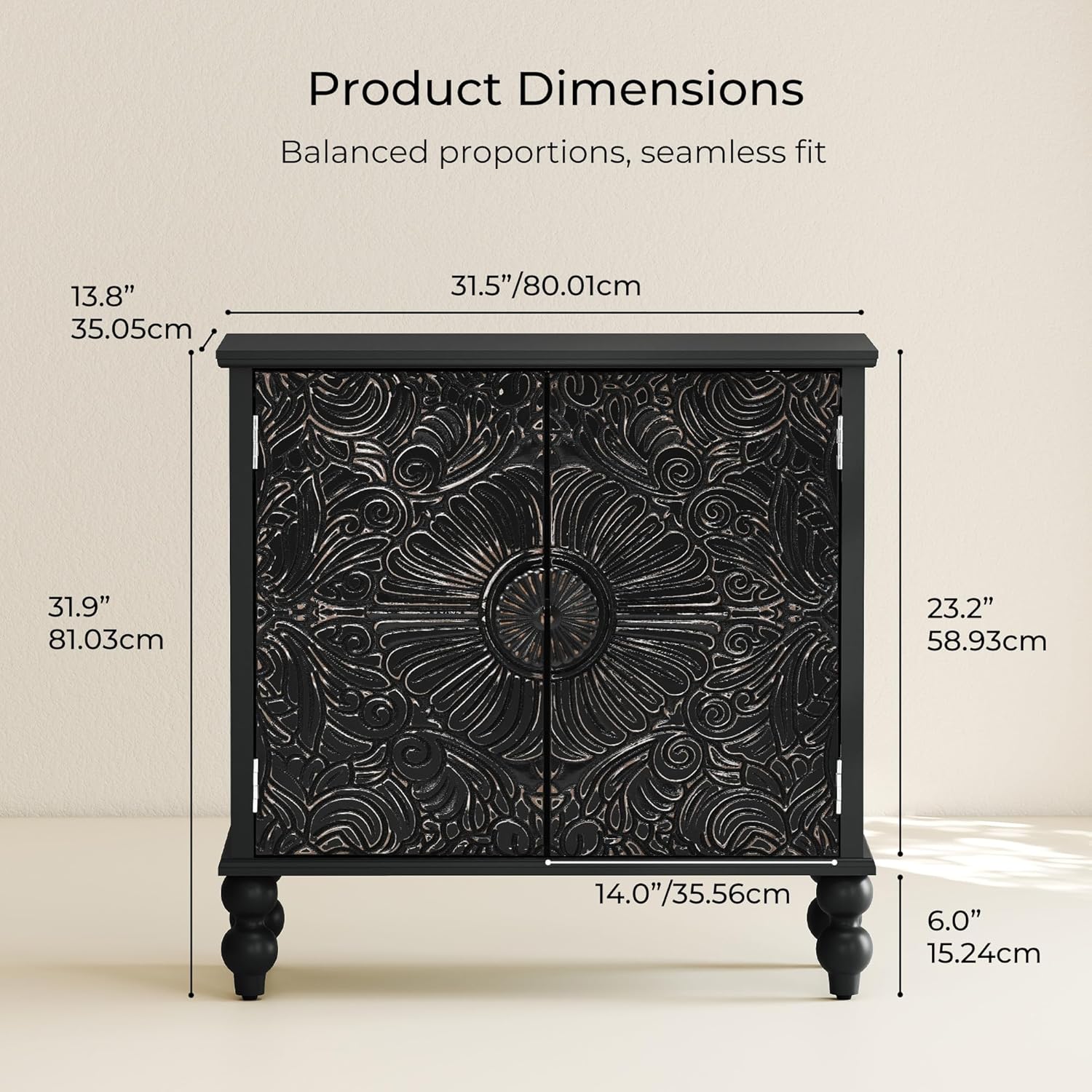Buffet Cabinet with Storage, Accent Cabinet with 2 Carved Doors, Solid Wood Sideboard with Adjustable Shelf, Vintage Cabinets for Kitchen, Living Room, Entryway, Black