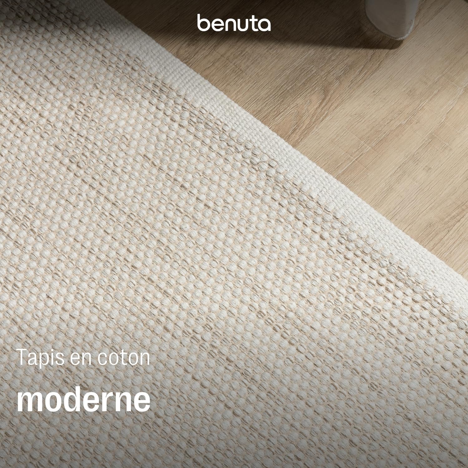 benuta Basic Tapis Coton Tissé à la Main Ron - Crème 80x250 cm - 100% Naturel - Style: Laine, Uni, Minimaliste - Entretien Facile pour Salon, Chambre, Bureau, Couloir