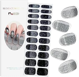 22 PCS Semi Cured Gel Nail Strips (Metallic Laser Gray) - Need UV Light | Glitter & Glossy | Easy to Apply | Salon Design | Long Lasting - Include 2 Wiping Paper, Nail File & Wooden Stick