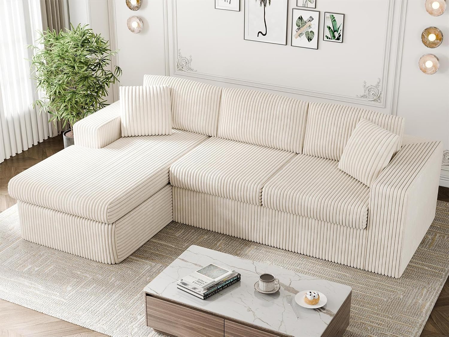 Vongrasig 105″ Boneless Couches for Living Room, Sectional Couches Modular Sofa with L-Shaped Chaise, Memory Foam Comfy Cloud Couch with Plush Corduroy Fabric, No Assembly Required, (Beige)