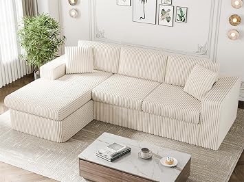 Vongrasig 105" Boneless Couches for Living Room, Sectional Couches Modular Sofa with L-Shaped Chaise, Memory Foam Comfy Cloud Couch with Plush Corduroy Fabric, No Assembly Required, Beige