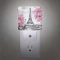 Vista 2 de Torre Eiffel, París, luz nocturna de flores rosadas, luces nocturnas LED enchufables, lámpara de noche con sensor automático, lámpara de anochecer a