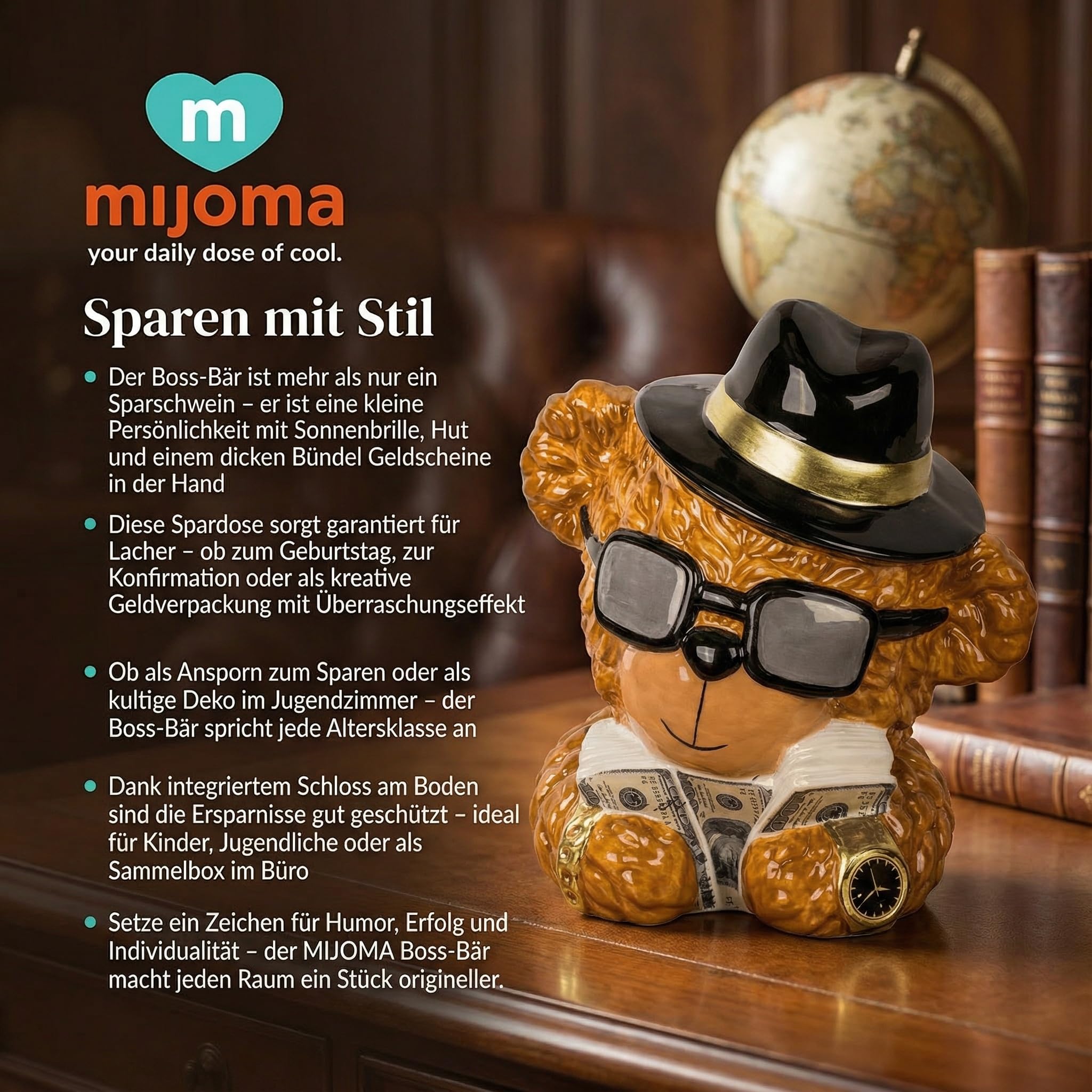 MIJOMA Skarbonka z ceramiki – zabawny pomysł na prezent pieniężny dla dorosłych i dzieci – niedźwiedź z okularami przeciwsłonecznymi, kapeluszem i pieniędzmi – 15 x 15 cm – z zamkiem