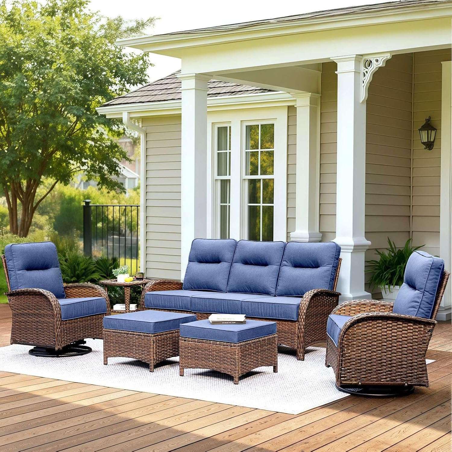 Patio Furniture Set with 6-Inch Thick Cushions, High Back Outdoor Swivel Rocker Chairs, Patio Couch and Ottomans, 6-Piece Easy Assembly Conversation Set for Porch Deck Pool Yard in Blue 6PCS-Couch & Ottomans Set Blue
