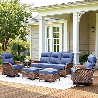 Patio Furniture Set with 6-Inch Thick Cushions, High Back Outdoor Swivel Rocker Chairs, Patio Couch and Ottomans, 6-Piece Easy Assembly Conversation Set for Porch Deck Pool Yard in Blue