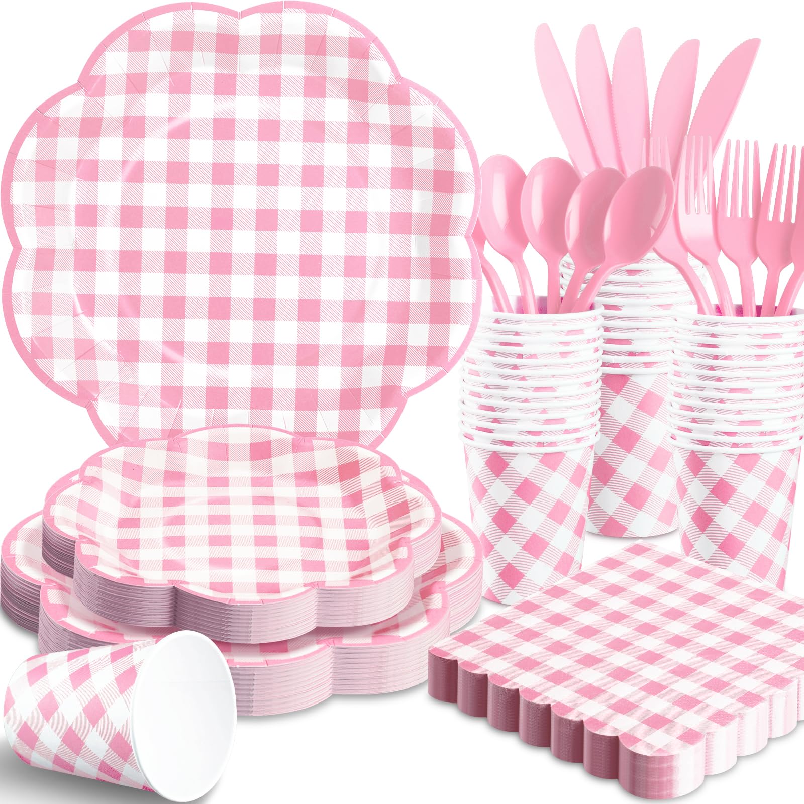175 Pcs Pink Gingham Plates and Napkins Party Supplies - Pink and White Checkered Plates Sets Serve 25 Guests - Scalloped Gingham Paper Plate for
