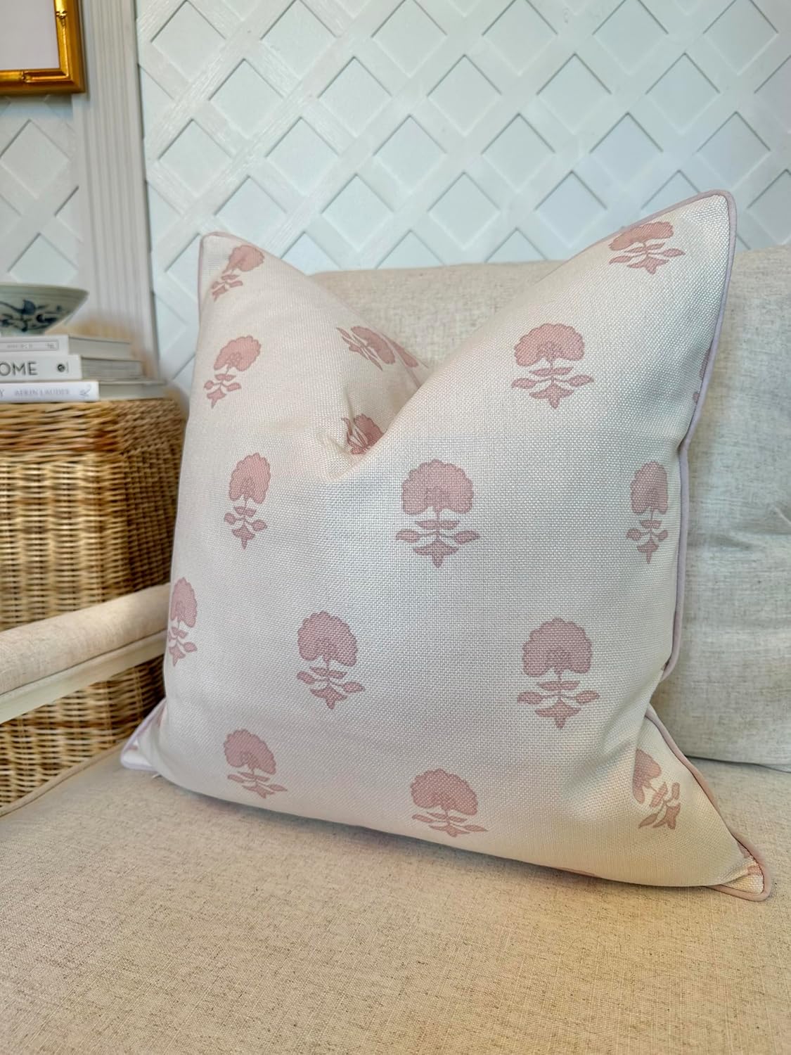 “The Lauderdale” Floral Block Print Pillow Cover – Blush Pink and Off-White Decorative Throw Pillow Cover – Grandmillennial Home Decor, 20" x 20"