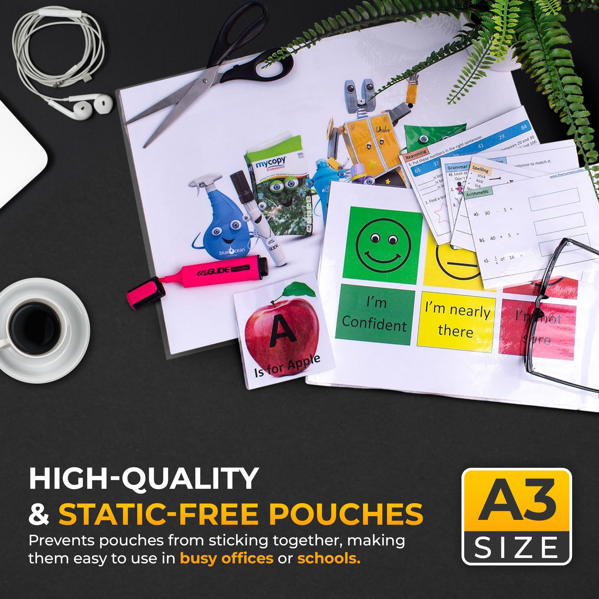 LamX Lot de 100 pochettes de plastification A3 150 microns, finition brillante, formule antistatique, idéales pour le travail, la maison ou l'école