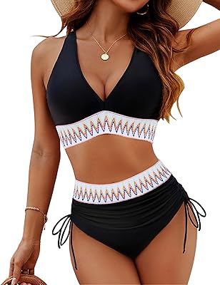 Blooming Jelly Women High Waisted Bikini Sets Tummy Control Swimsuits Color Block Two Piece Drawstring Bathing Suit
