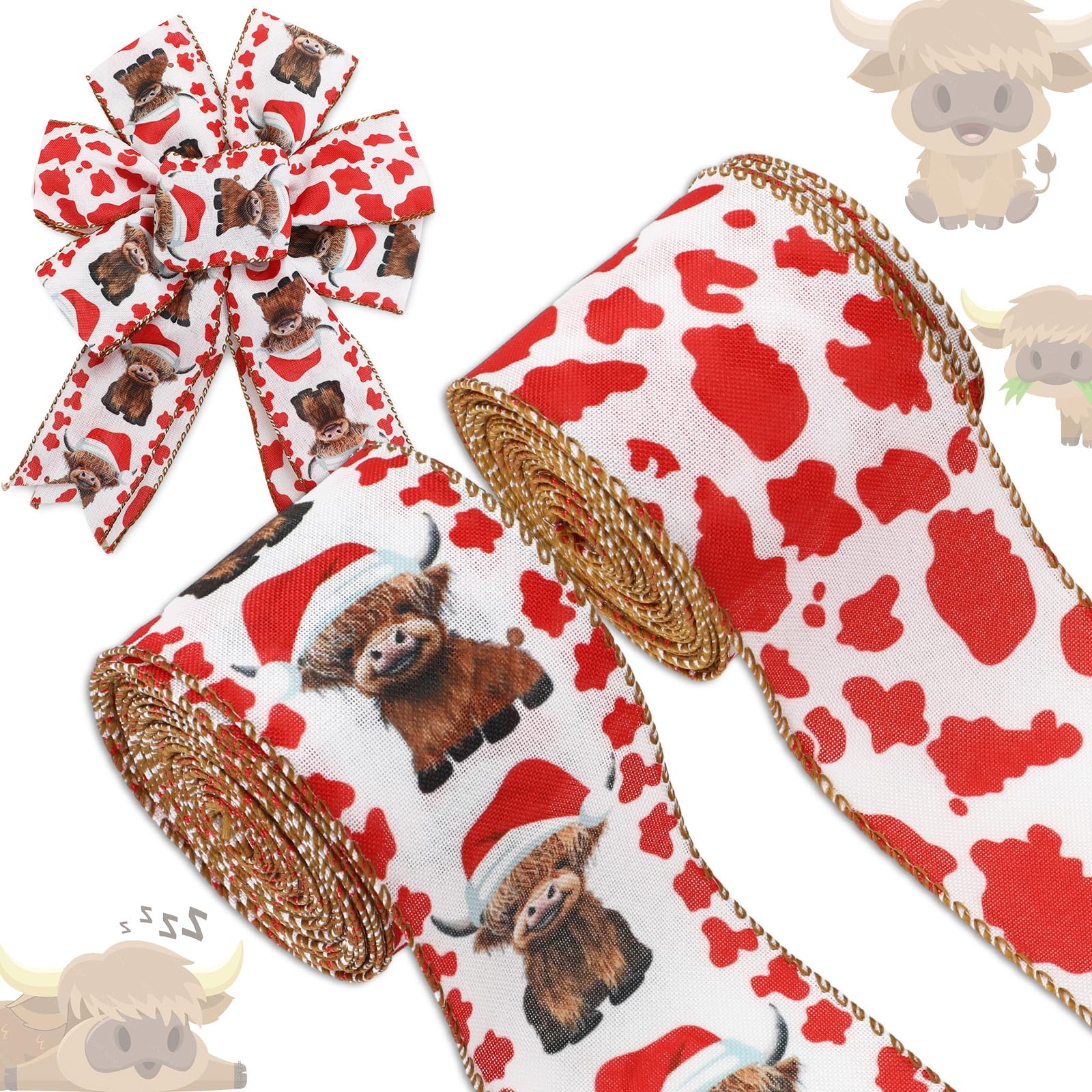 JarThenaAMCS Weihnachtsband mit Drahtrand, Hochlandkuh, Bastelband, rote Kuh, gepunktet, Stoffband für Kranz, Schleife, DIY, Verpackung, Party-Dekoration, 2 Rollen, 20 Meter