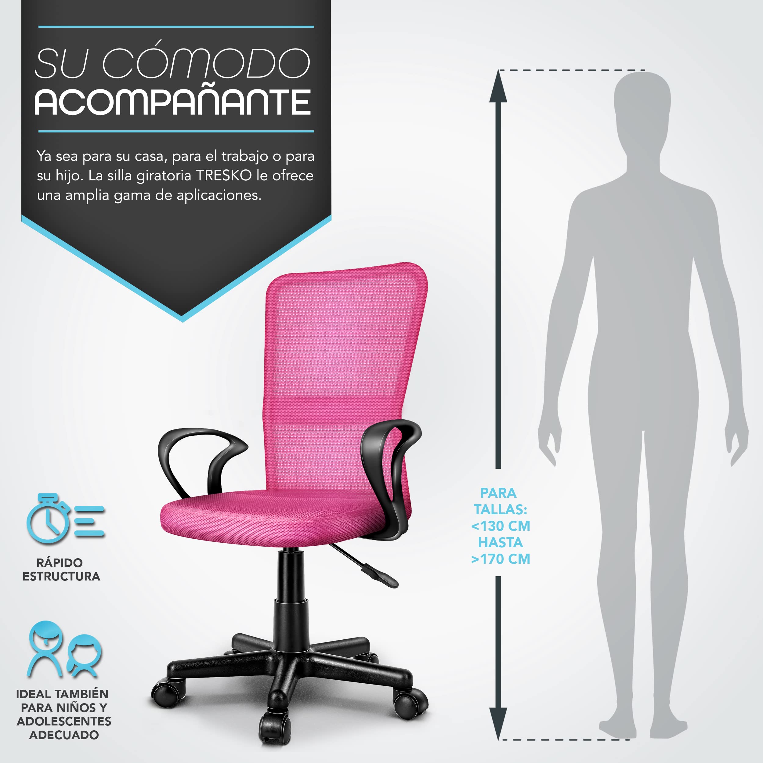 TRESKO Silla de Oficina Escritorio giratoria | Silla Giratoria con reposabrazos | para Estudio de Oficina, Regulable en Altura de Forma Continua, Respaldo ergonómico