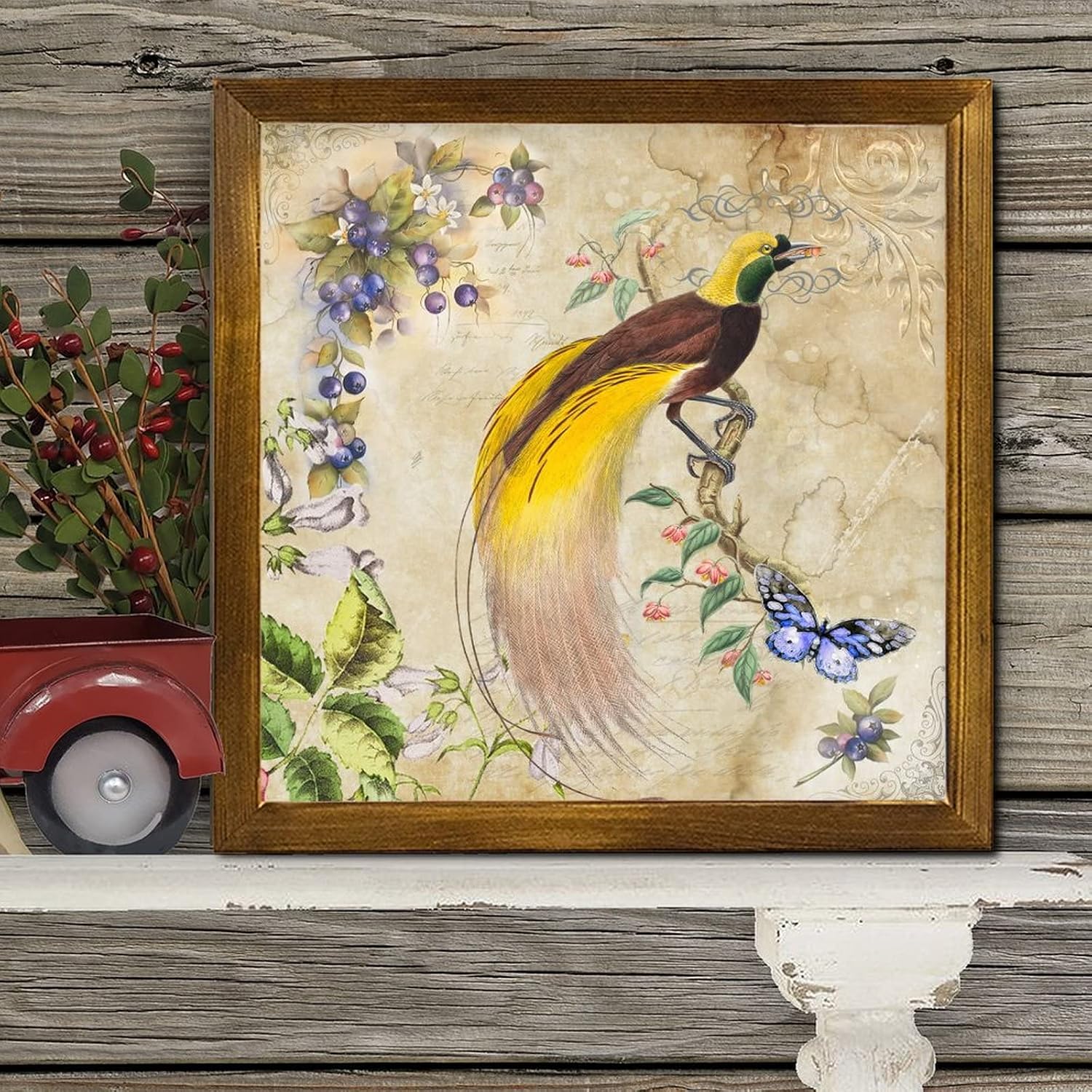 French Yellow Bird Butterfly Orchid Flower Wooden Framed Sign Vintage French Poster Wood Sign Plaque Farmhouse Garden Floral Wall Decor Farmhouse Rustic Wooden for Indoor Holiday Home 12x12 inch