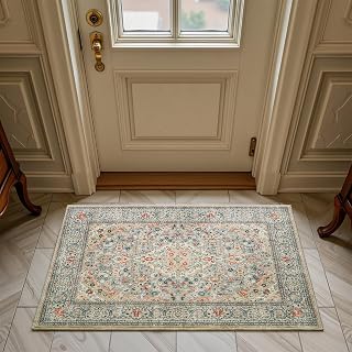 Washable Entry Rug 2x3, Beige Small Area Rugs Non Slip, Indoor Low Pile Carpet with Rubber Backing for Bathroom Kitchen Entryway Office