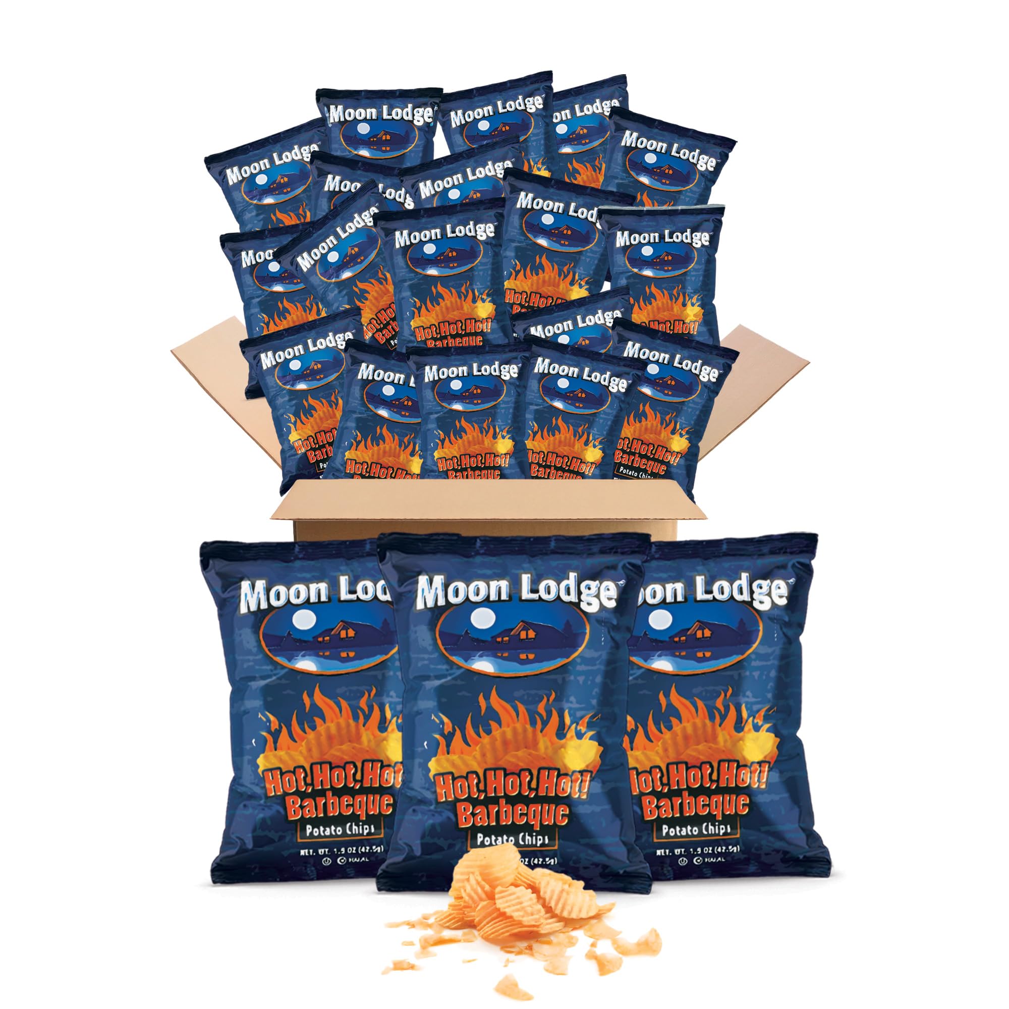 Moon Lodge 21 Pack Hot Barbeque Potato Chips – Kosher & Halal Snacks for All Ages, Perfect for Parties & Movie Nights (1.5 Oz Bag)