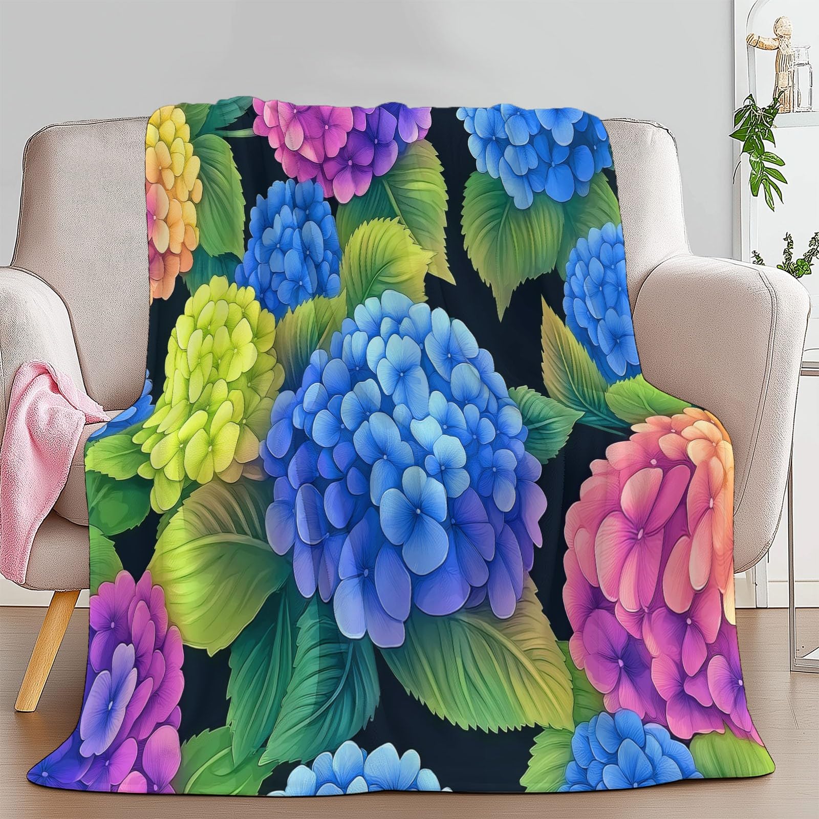 Koc Sherpa 180 x 200 cm Hortensja Rośliny w kratę Ciepły i wygodny koc Puszysty miękki kolor, dwustronny, przyjazny alergikom, na krzesło sofa łóżko biurowe