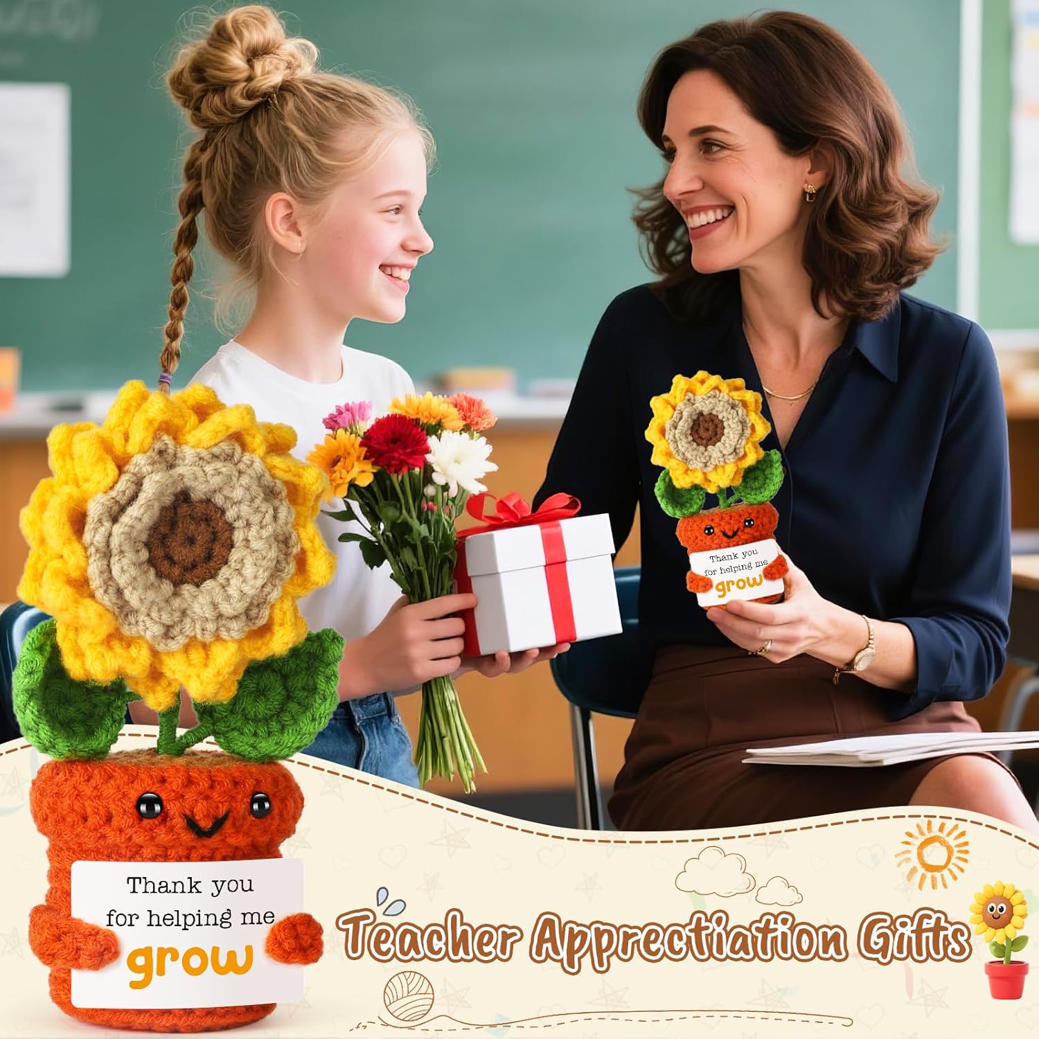 Appreciation Sunflower Crochet Doll, Thank You Gift for Teacher Mentor Boss Coworker, Handmade Positive Desk Decor for Gratitude and Encouragement - Image 6