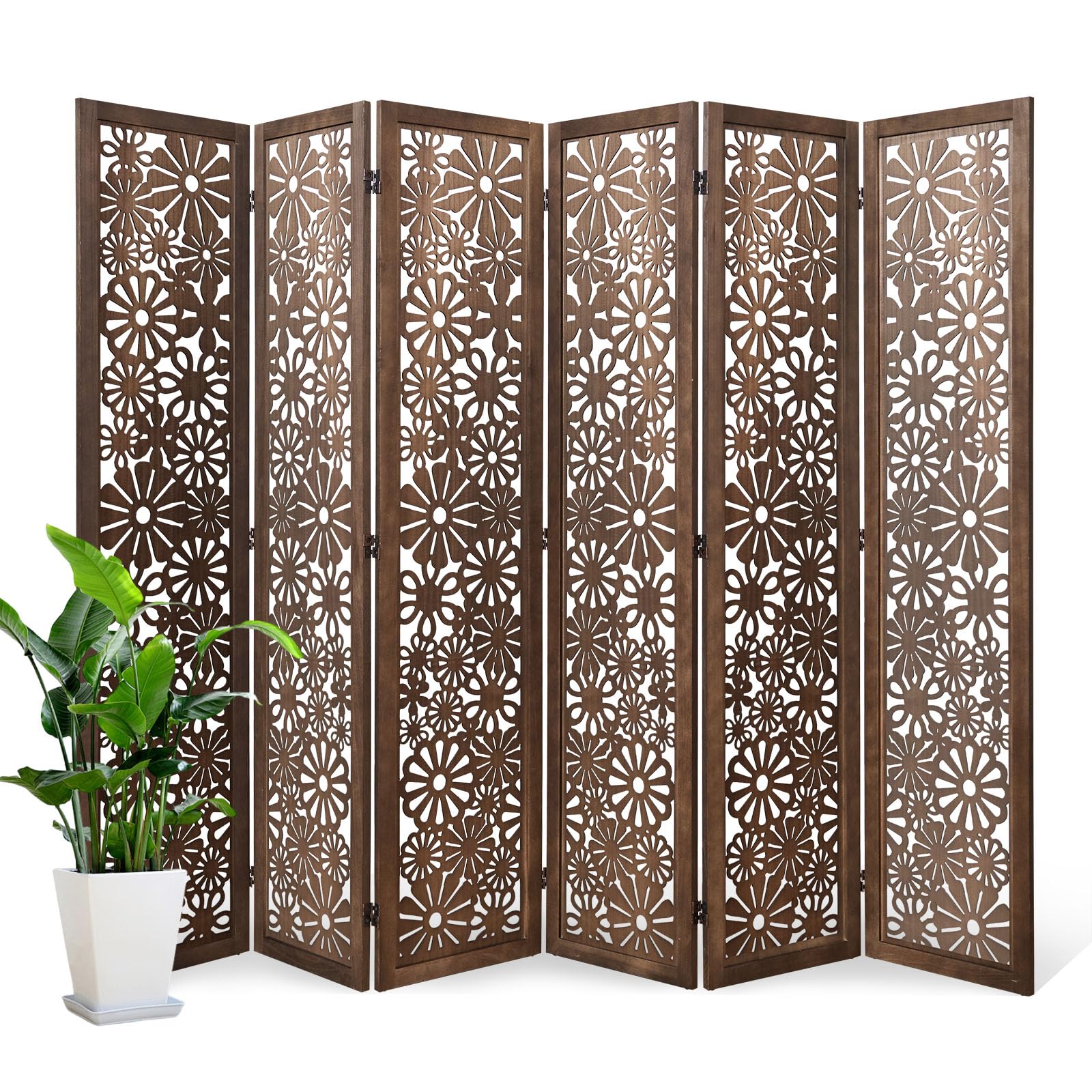 Folding Wood Room Divider Panel, 5.6 FT Tall Daisy-Carved Privacy Screen - Decorative Flower Carved Room Partition, No-Assembly Required, Ideal for Home and Office (6 Panel Brown)