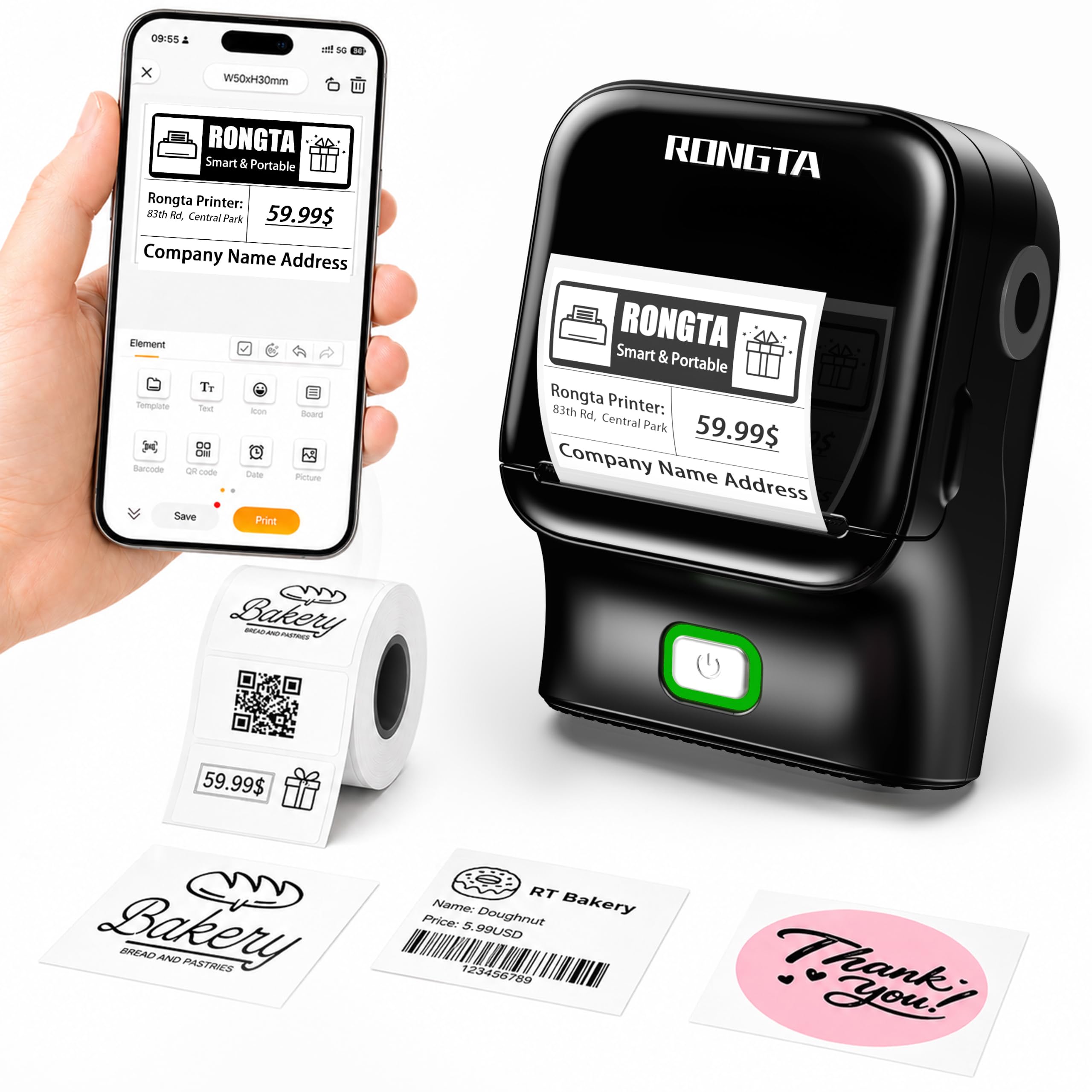 Rongta Bluetooth Label Maker Machine | Thermal Label Printer Easy to Use for Office, Home, Small Business, Came with 1 Roll 2x1.18 inch Label(Black)