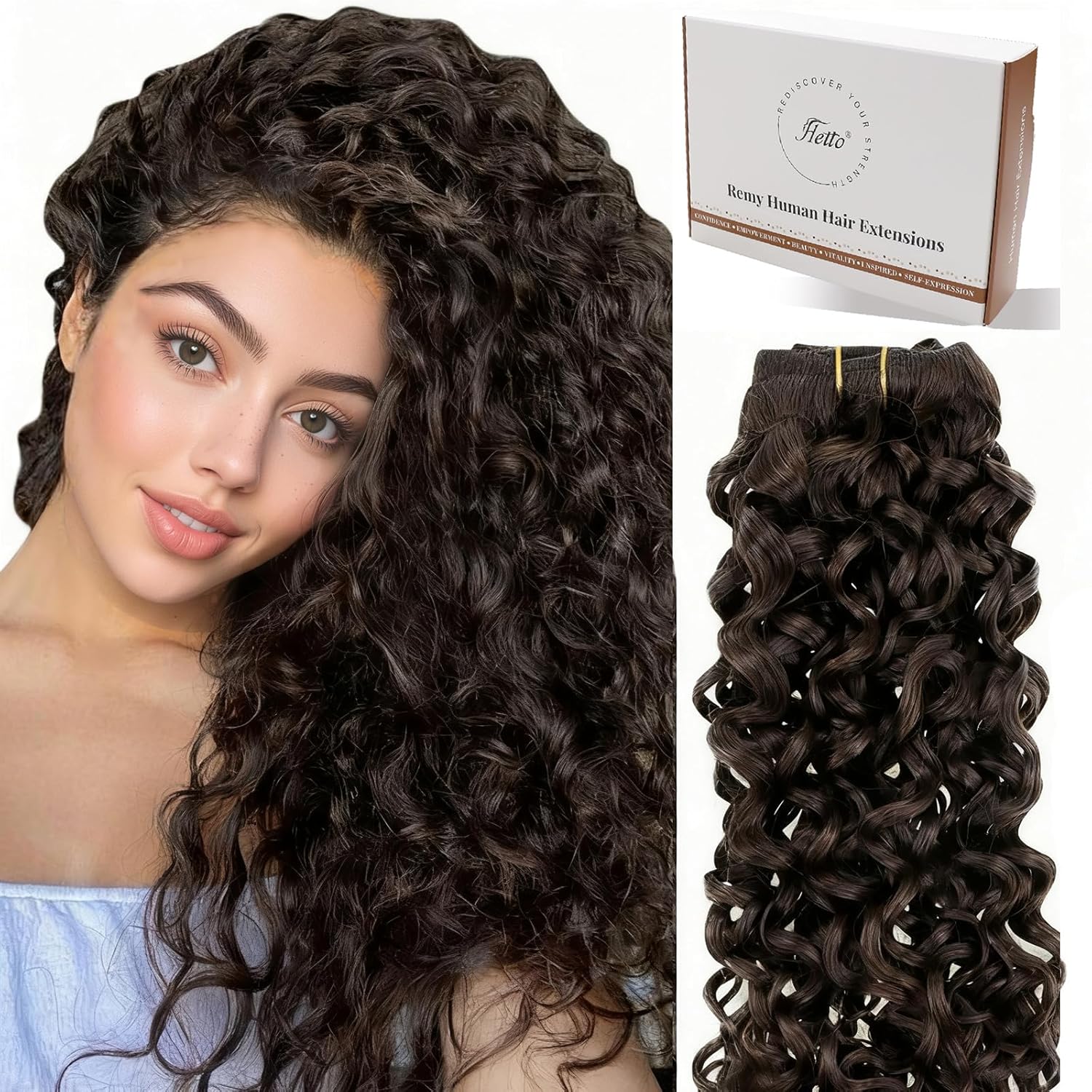 Hetto Curly Clip in Hair Extensions - Darkest Brown 120g 7pcs 22 Inch NW - 3b-3c Natural Wave Curly, Full Head Remy Real Human Hair Invisible Natural Look for Women