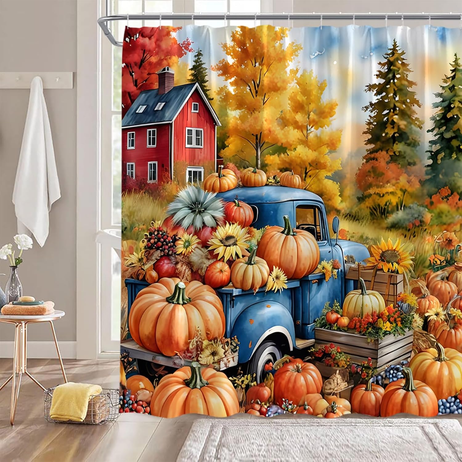 Fall Thanksgiving Shower Curtain Harvest Pumpkin Truck Vintage Watercolor Autumn Sunflower Farmhouse Rustic Fabric Bathroom Decor Curtains with Hooks,Orange