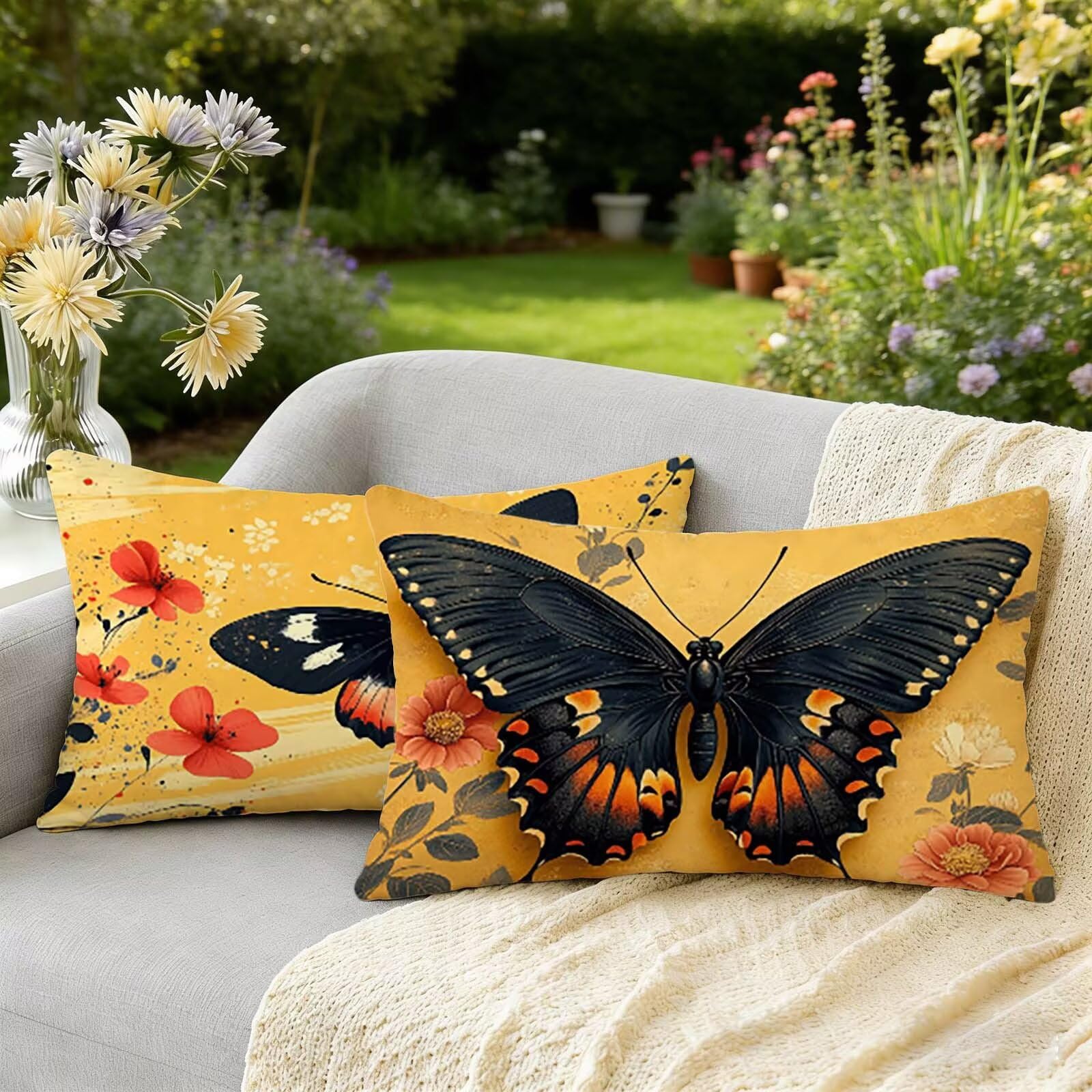 Taie oreiller 40x80 lot de 2 imperméable jaune motif papillon pour décoration