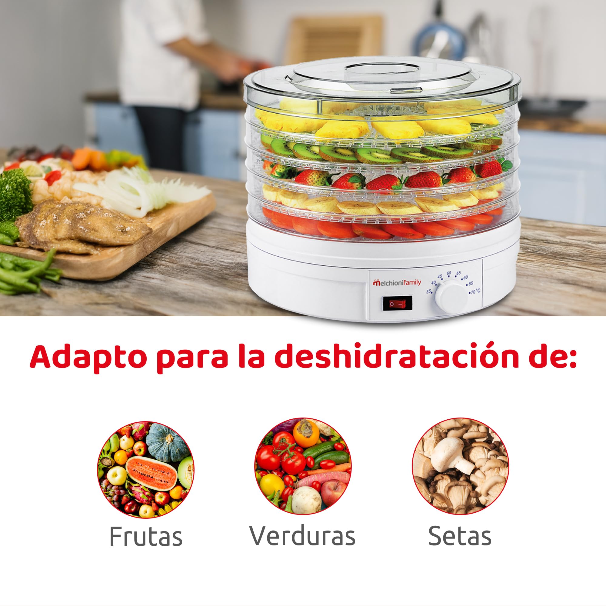 Melchioni Family | Deshidratador Eléctrico BABELE, Deshidratador de Alimentos Multiusos, 5 Bandejas Apilables y Extraíbles, Potencia 250W, Temperatura Regulable 40–70°C