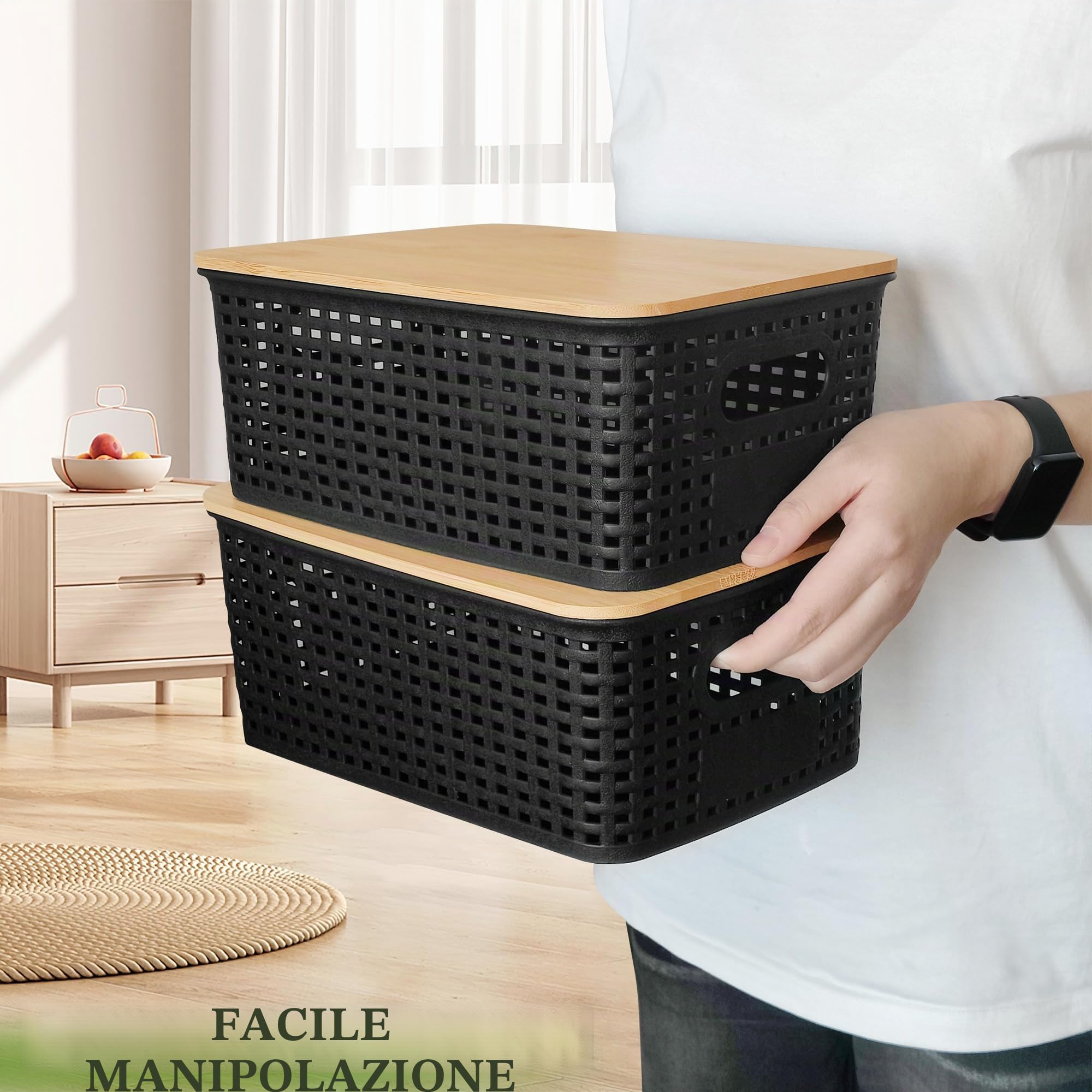 LYLIDIA Scatole di Conservazione con Coperchio in Bambù 5L 3PCS Nero Scatole Portaoggetti Contenitori in Plastica Cestini con Coperchio in Legno Impilabili Organizer Bagno Cucina Armadio Ufficio
