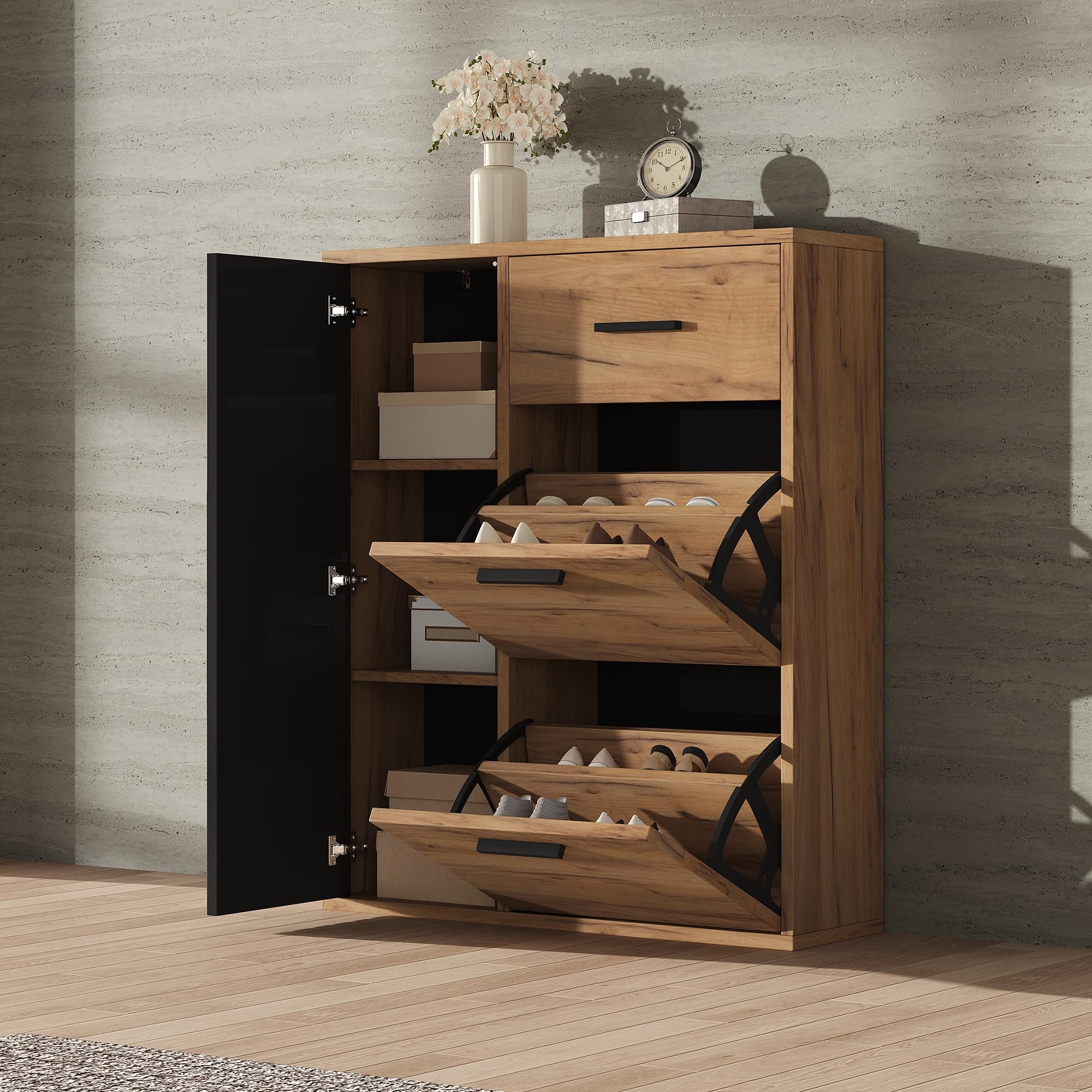 80 × 24 × 95,5 cm, zapatero moderno con estantes ajustables, tiradores negros, 1 cajón y 1 puerta, zapatero multiusos, zapatero en el pasillo (natural+negro)