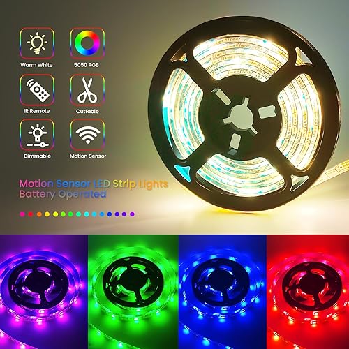 Miniatura 2 de Tira de luces LED con sensor de movimiento de 3.3 pies con control remoto4 modos, RGB y blanco cálido, tira de luces LED activadas por movimiento,