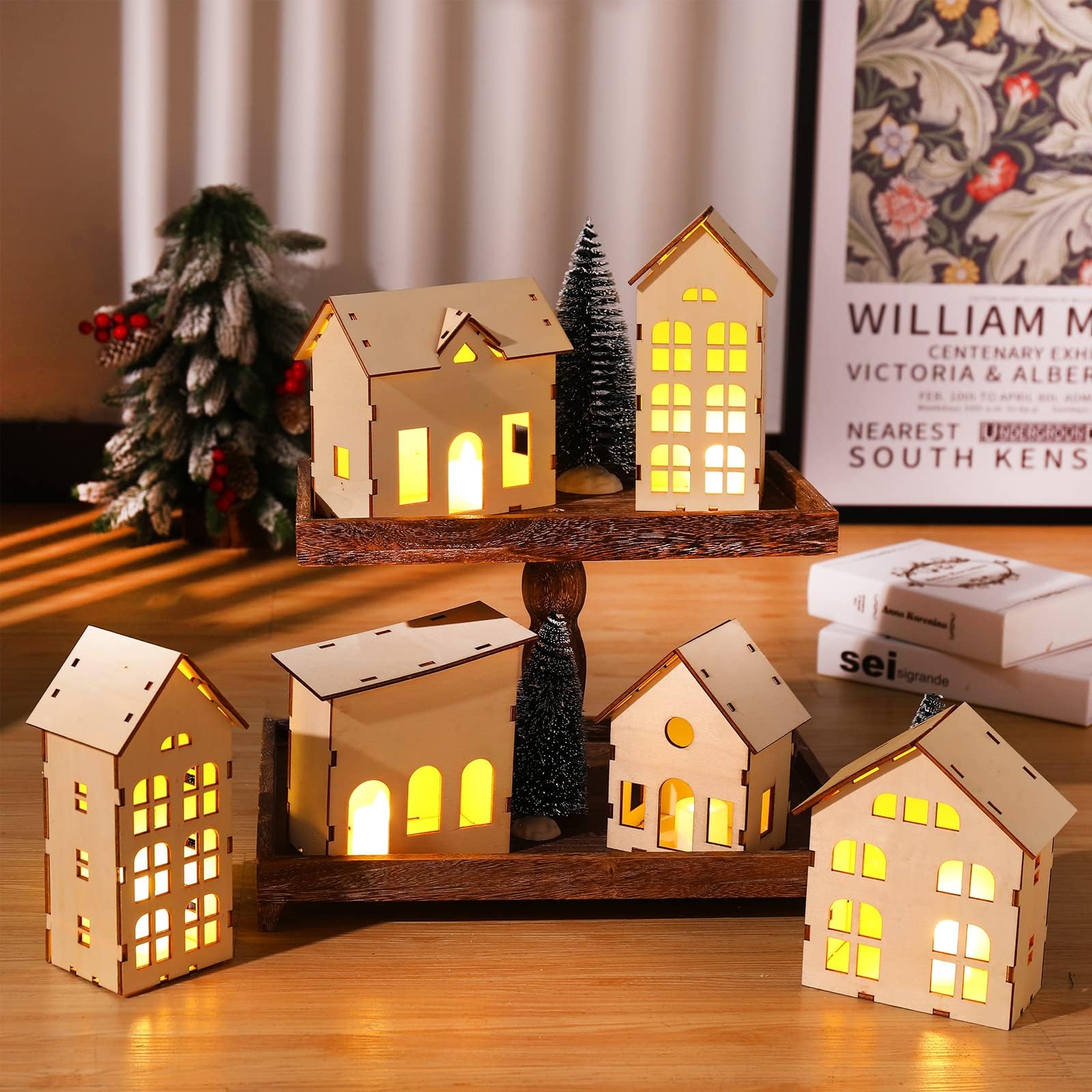 12 Pcs Christmas Village Sets Unassembled Christmas Houses Village Sets with 6 Pcs Christmas Wooden House and 6 Pcs LED Candle Lights Tiny House Ornaments Xmas Light up Village Scene Decorations