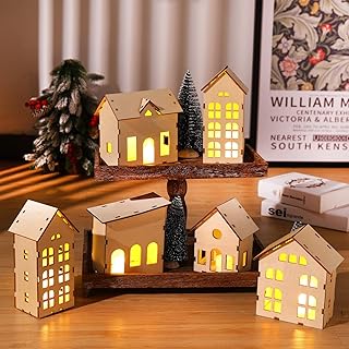 12 Pcs Christmas Village Sets Unassembled Christmas Houses Village Sets with 6 Pcs Christmas Wooden House and 6 Pcs LED Candle Lights Tiny House Ornaments Xmas Light up Village Scene Decorations