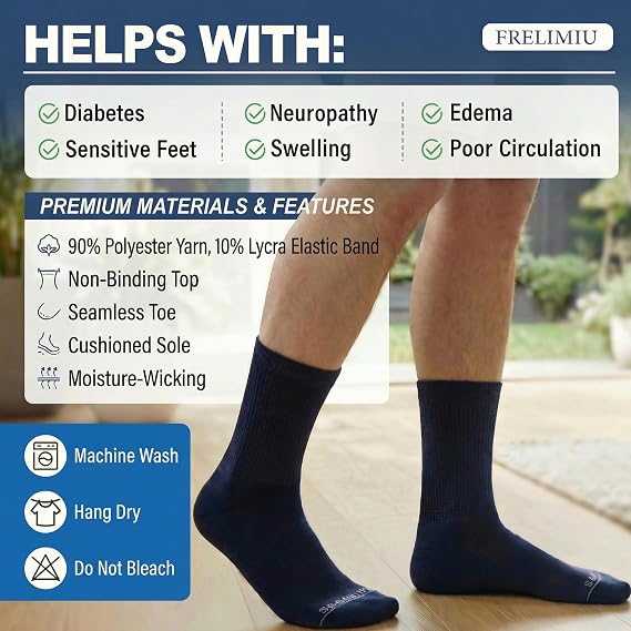 Diabetic Socks for Men, Seamless Crew with Loose Non-Binding Top