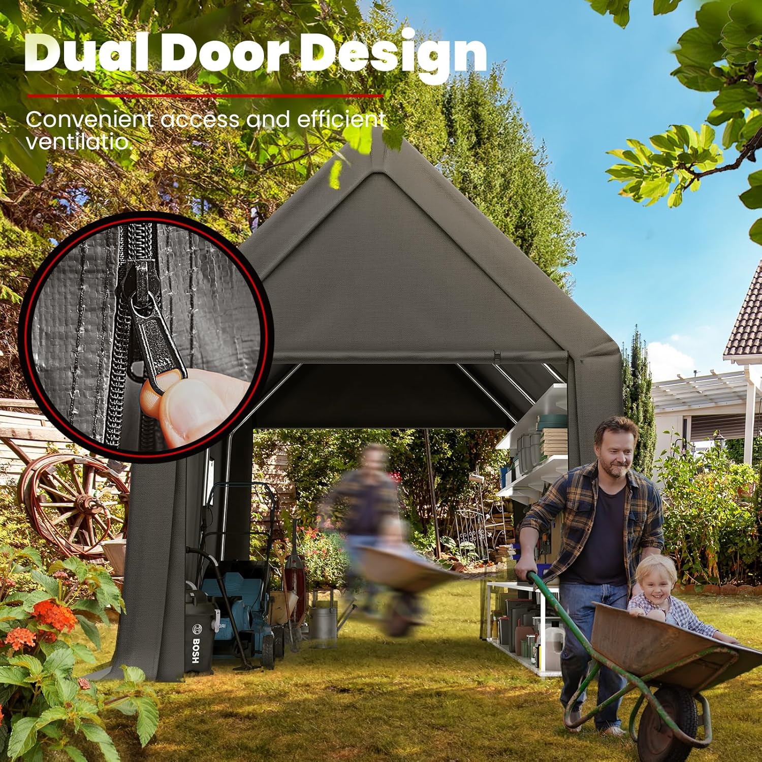 A family using the carport with its dual door design open, showing convenient access and ventilation.